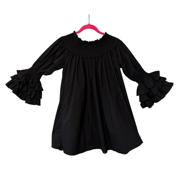 Blanc Studio Babydoll Dress Womens Black Smocked Tiered Ruffle Sleeve Mini - Picture 5 of 13
